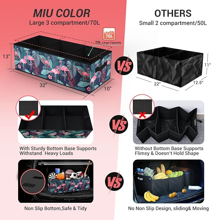 MIU COLOR Trunk Organizer, Car Trunk Organizer, Non-Slip Bottom, Sturdy Storage Organizer for SUV, Sedans, Van, Jeep, Grocery, Large 3 Compartments Car Organizer for Women, Flamingo 31.9"×12.6"×10.6"
