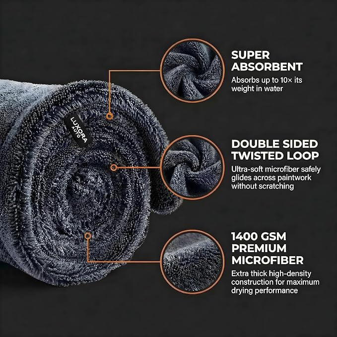 Car Drying Towel Extra Large 36" x 24" 1400 GSM Twisted Loop Microfibre - Charcoal Drying Towel Car Detailing, Double-Sided Edgeless Design, Super Absorbent, Durable Machine Washable and Lint-Free