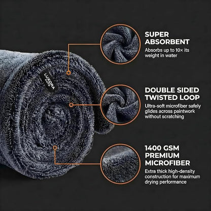 Car Drying Towel Extra Large 36" x 24" 1400 GSM Twisted Loop Microfibre - Charcoal Drying Towel Car Detailing, Double-Sided Edgeless Design, Super Absorbent, Durable Machine Washable and Lint-Free