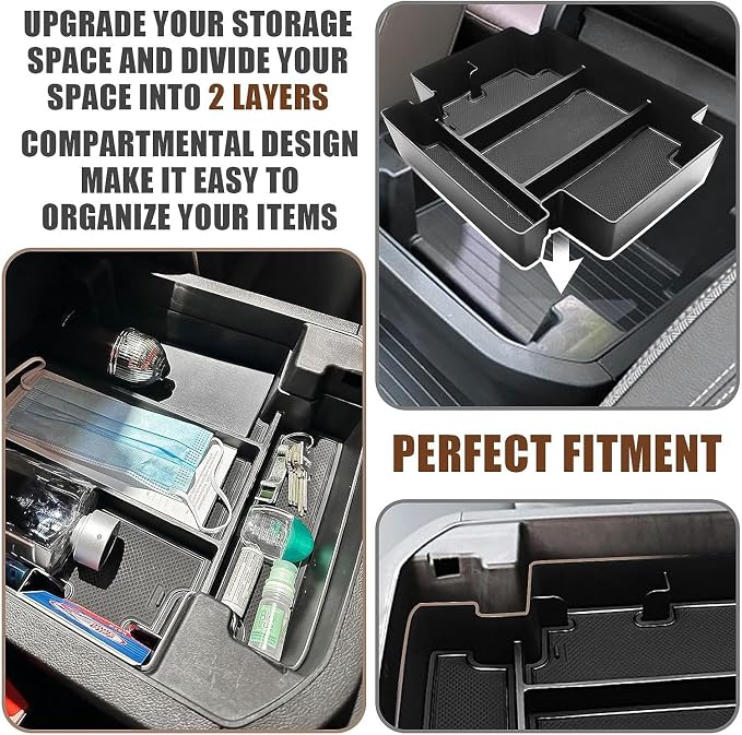 Muslogy for 2021-2024 Yukon Tahoe Suburban Sliding Center Console Armrest Organizer & Dash Storage Tray 2PCS Compatible with GMC Yukon Tahoe Suburban 2021 2022 2023 2024 Not for Denali (Console+Dash)