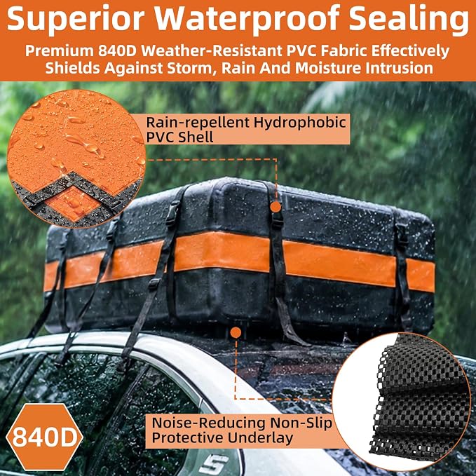 21 Cubic Feet Rooftop Cargo Carrier Bag, Waterproof Heavy Duty Car Roof Bag for SUV Pickup Truck with/Without Roof Racks, Travel Camping Roof Top Luggage Storage with Anti-Slip Mat (Black Orange)