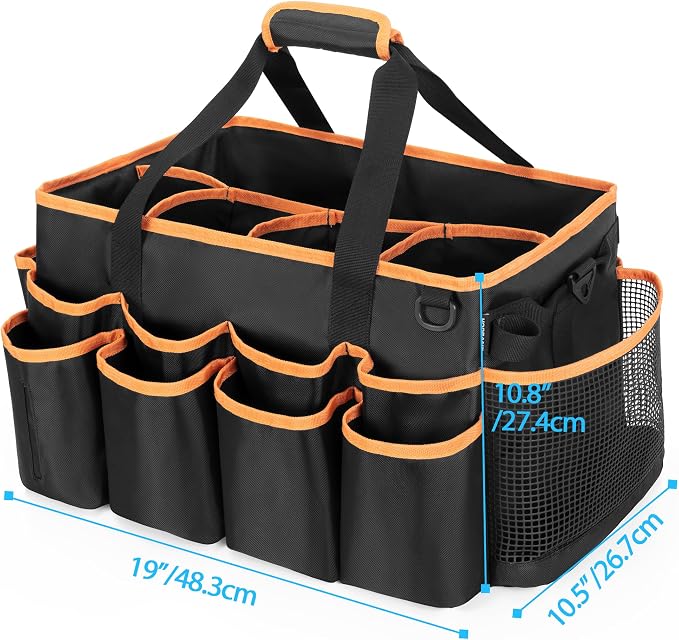 HODRANT Extra-large Wearable Cleaning Caddy, Organizer Bag for Housekeeper with Pad, Handle & Divider, Car Wash Tools Bag for Detailing Supplies, Orange Edge