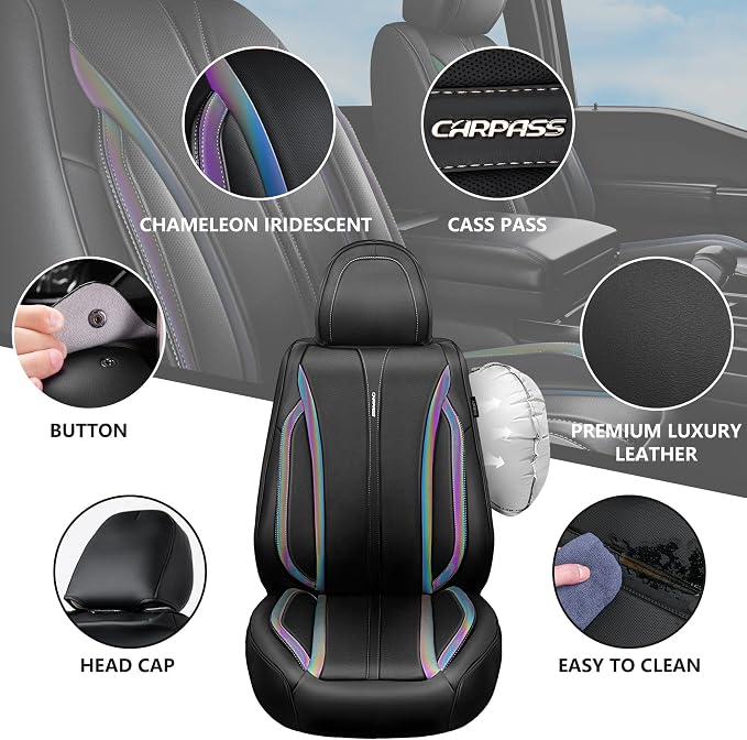 CAR PASS Nappa Leather Car Seat Covers, Durable Waterproof Luxury Universal for SUV Pick-up Truck Sedan, Anti-Slip Driver 5 Seats Covers Full Set with Backrest (Black Chameleon Iridescent Reflective)