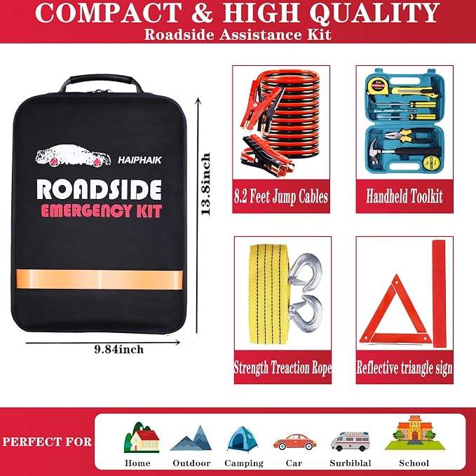 Car Emergency Kits for Vehicles with Jumper Cables Automotive Safety Kits | Roadside Emergency Car Kit headlamp, Reflective Triangle, Safety Hammer, Folding Shovel, Ideal Gifts for New Drivers