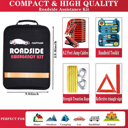 Car Emergency Kits for Vehicles with Jumper Cables Automotive Safety Kits | Roadside Emergency Car Kit headlamp, Reflective Triangle, Safety Hammer, Folding Shovel, Ideal Gifts for New Drivers