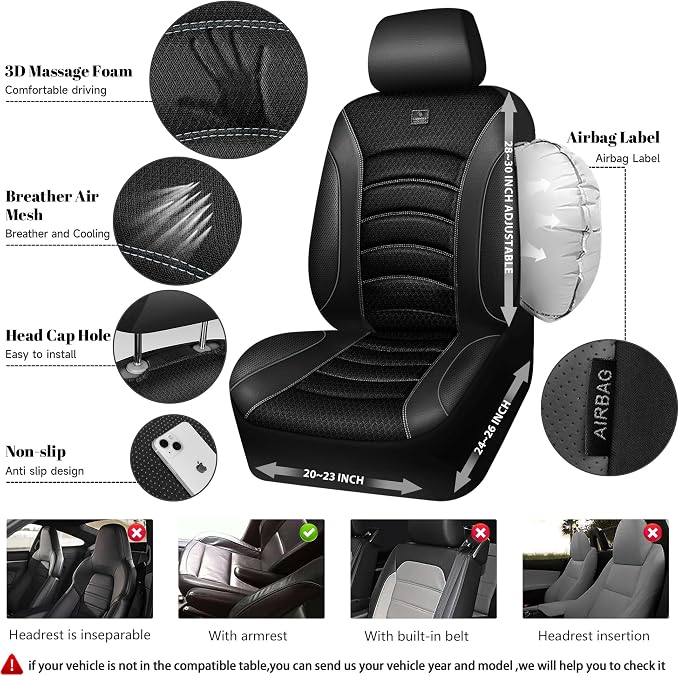 CAR PASS Comfortable 3D Foam Mesh Leather Car Seat Covers Front, Air Cool Mesh Breathable Front Seat Covers for Car, Universal Fit for SUV Truck Sedan Automotive, Airbag Compatible,Black Gray