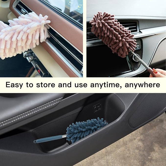 2PCS Car Interior Duster with Extension Pole, Microfiber Retractable Dusters Auto Dash Cleaning Tool, Soft Chenille Hand Washable Dusters for Vehicle Window Office Furniture (Blue)