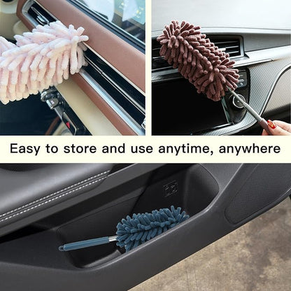 2PCS Car Interior Duster with Extension Pole, Microfiber Retractable Dusters Auto Dash Cleaning Tool, Soft Chenille Hand Washable Dusters for Vehicle Window Office Furniture (Blue)