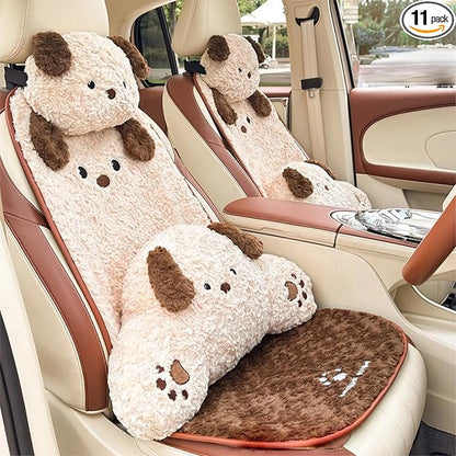 Cute Fluffy Dog Car Seat Cushions Covers Front and Rear Seat Pads Full Set 11PCS for 5 Seats, Winter Warm Automotive Interior Accessories for Cars SUV, Truck, Pickups (Fuzzy Dog - 11pcs)