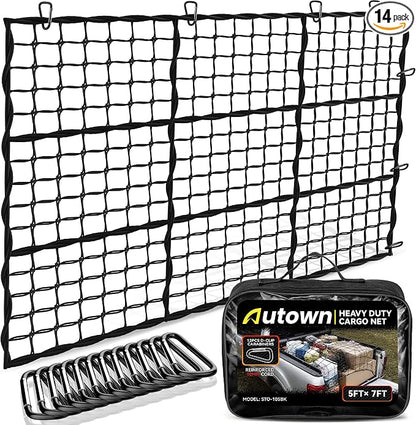 AUTOWN Cargo Net for Pickup Truck Bed - Stretchable 5' x 7' to 10' x 14' with 4" x 4" Mesh, Heavy Duty 10mm Cord Bungee Bed Netting with 12 Metal Carabiners - Ideal for ATV, SUV, UTV and Truck