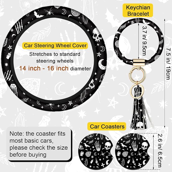 4 Pieces Black Moons White Stars Print Car Accessories Set Black Moons White Stars Steering Wheel Cover with 2 Pieces Car Cup Holder and Leather Keyring for Truck SUV(Horror Pattern)