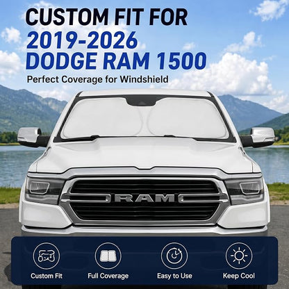 Custom Fit Windshield Sun Shade for Dodge RAM 1500 2019-2026 | Custom Fit Windshield Cover, Blocks UV Rays, Double-Layer Heat Shield, Durable Frame, Easy Fold & Storage