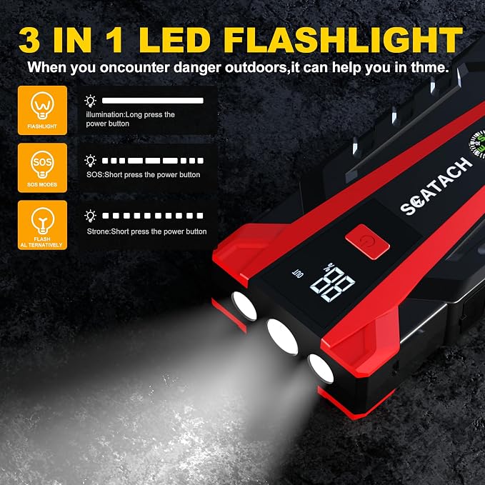 Scatach 6000A Car Battery Jump Starter,12V Portable Jump Starter Battery Pack (up to 9.0L Gasoline and 7.0L Diesel Engine), Jump Box with 3 Modes Flashlights, Jumper Cables, LED Display