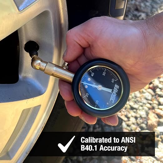 Tire Pressure Gauge for Cars and Trucks. 0-60 PSI Calibrated to ANSI B.40.1 Accuracy. Large 2 Inch Easy to Read Gauge and 360 Degree Rotation for Easy Connection., 200-60R