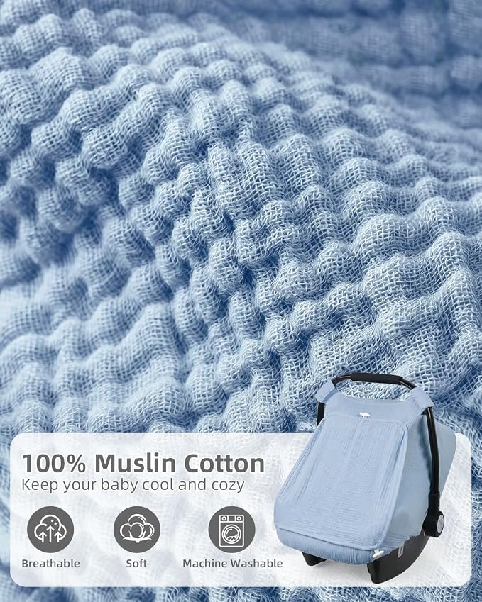 Rquite Car Seat Cover Baby Girl Boy, 100% Muslin Cotton Carseat Covers, Breathable Infant Windproof Canopy with Mesh Window, Stroller Sun Shade for Summer & Hot Day, Baby Blue