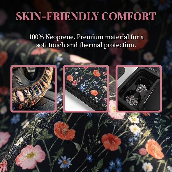 Wildflower Car Steering Wheel Cover + 2 Pieces Car Coasters 15 Inch | Multicolor Wildflower Steering Wheel Cover Anti-Slip Breathable Universal for Suitable for Men Women