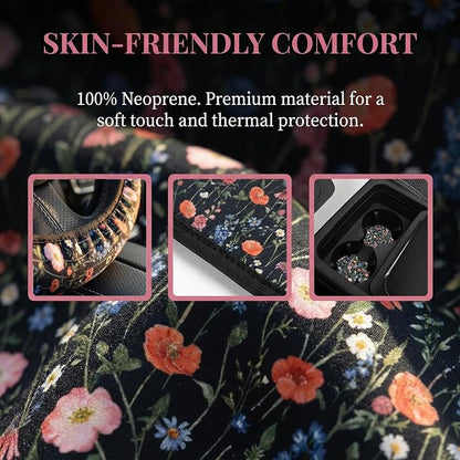 Wildflower Car Steering Wheel Cover + 2 Pieces Car Coasters 15 Inch | Multicolor Wildflower Steering Wheel Cover Anti-Slip Breathable Universal for Suitable for Men Women