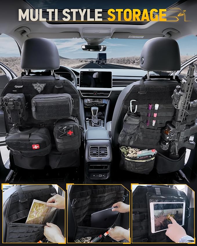 WYNEX Tactical Car Seat Back Organizer Set, Vehicle Accessories Molle Panel wtih Detachable 4 Molle Pouches - First Aid EDC Admin Storage Bag for Road Trips, Fits Most Cars, SUVs, Pickups, Trucks