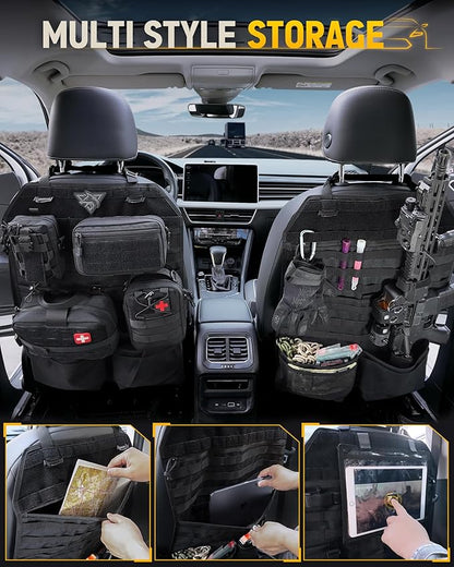 WYNEX Tactical Car Seat Back Organizer Set, Vehicle Accessories Molle Panel wtih Detachable 4 Molle Pouches - First Aid EDC Admin Storage Bag for Road Trips, Fits Most Cars, SUVs, Pickups, Trucks