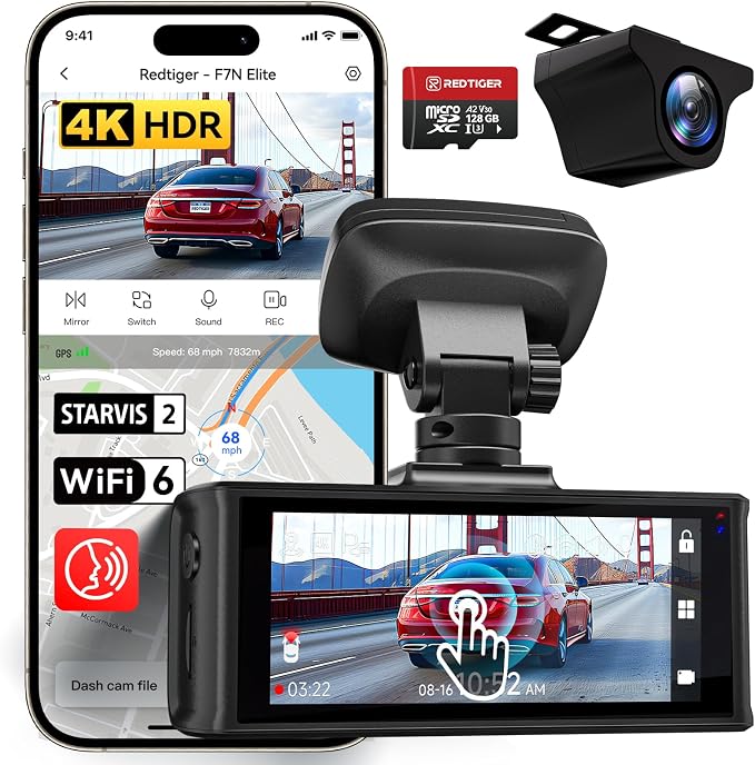REDTIGER 4K HDR Dash Cam Front and Rear, STARVIS 2 Sensor, 5.8GHz WiFi APP, 3.18" Touchscreen, Voice Control, 128G Card Included, WDR, Dash Camera for Cars with GPS, 24H Parking Mode(F7N Elite)