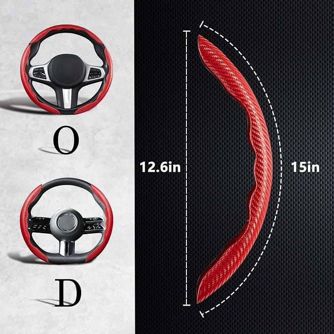 3 Piece Carbon Fiber Steering Wheel Cover,Car Steering Wheel Protector with Non-Slip Lining,Breathable Microfiber Universal for 14.5-15 inch,Red