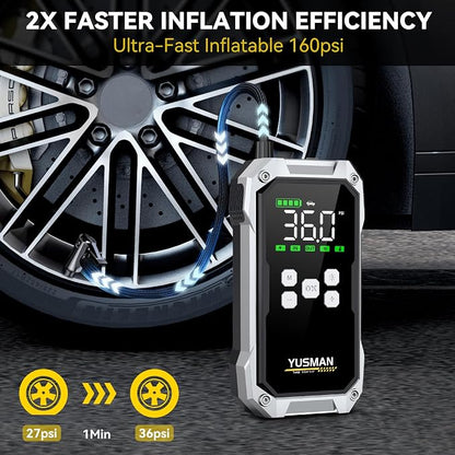 Car Jump Starter with Air Compressor, 9000A 160PSI Jump Starter Pack (All Gas/10.0L Diesel), 12V Battery Jump Starter with Display, Smart Jumper Cables, 2 LED Light