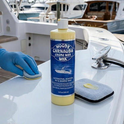 Woody Wax Carnauba Creme Wax, Professional High-Gloss Marine, RV & Aviation Wax, UV Protection for Paint & Clear Coat, Detergent Resistant Polymers, Covers Light Scratches and Removes Oxidation, 16 oz