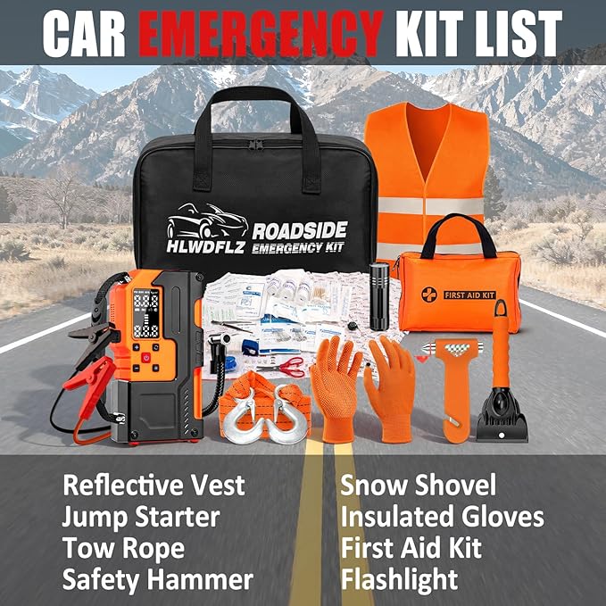 Car Roadside Emergency Kit, Jump Starter with Air Compressor, First Aid Kit, Tow Rope, Roadside Safety Emergency Tool Kit for Women, Men, Teen (Orange)
