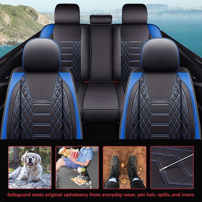 FREESOO Car Seat Covers Leather Seat Cover Full Set Automotive Seat Cover Protector Accessories Airbag Compatible Universal Fit for 5 Seats (Black Blue 8)