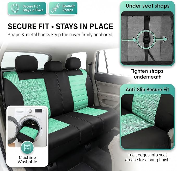 FH Group Automotive Car Seat Covers Rear Set Premium 3D Air Mesh Seat Covers, Airbag Compatible and Split Bench Cover Universal Fit Interior Accessories for Cars Trucks and SUVs - Mint