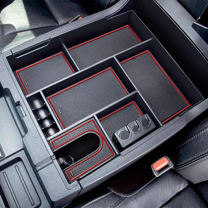 JDMCAR Compatible with Toyota Tundra Accessories 2014-2021 Center Console Organizer, Insert ABS Black Materials Tray, Armrest Secondary Storage Box - Full Tray -Red Trim