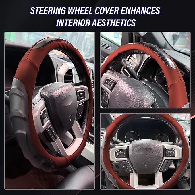 Breathable Leather Steering Wheel Cover with Non-Slip Grip for Enhanced Comfort - Designed for 15.35-16.14Inch Wheels on Pickup Trucks & Large SUVs. (15.74-inch red)