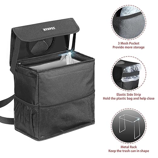Ryhpez Car Trash Can with Lid - Car Accessories for Women Men, Vehicle Trash Bin Storage Bag, Truck Garbage Can Foldable with Metal Rack Support for Back Seat Hanging (2.4 Gallon/9L)