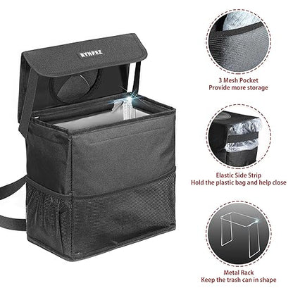 Ryhpez Car Trash Can with Lid - Car Accessories for Women Men, Vehicle Trash Bin Storage Bag, Truck Garbage Can Foldable with Metal Rack Support for Back Seat Hanging (2.4 Gallon/9L)