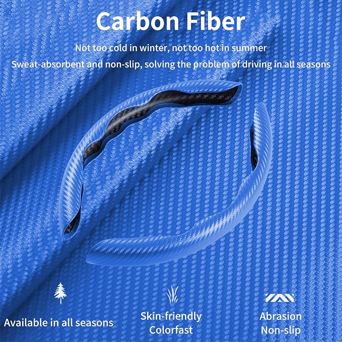 Carbon Fiber Steering Wheel Cover, 3-Piece Set Anti-Skid Comfortable Grip Segmented Butterfly Design, Easy Snap-On Installation Universal Fit 99% Cars, Blue