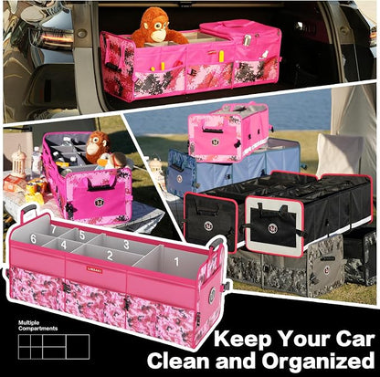 LIBZAKI Car Trunk Organizer,3 Compartments Big Trunk Storage, Large Capacity, Foldable, 95L Heavy Duty Storage Box for Car, SUV, Truck,Includes 26L Cooler Bag -Rose Red Camouflage