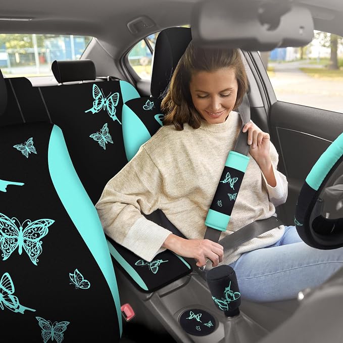 BBTO 43 Pcs Butterfly Car Seat Full Set Butterfly Car Accessories for Women 5 Front Rear Seat Covers Wrist Strap 2 Pcs Cup Mat Armrest Pad 2 Belt Xmas Cover Accessories for SUV(Mint Green, Black)