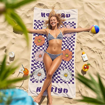JML Personalized Beach Towel with Name, Custom Flower Beach Towel, Customized Microfiber Pool Towel, Quick Dry & Absorbent Swim Towel for Adult,Anniversary, Birthday, Summer Holiday,Vacation