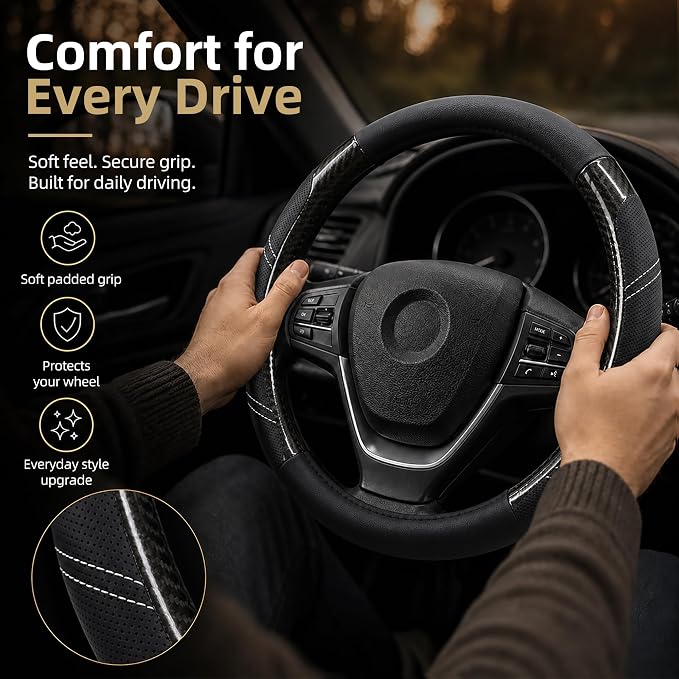 Elantrip Sport Leather Steering Wheel Cover 14 1/2 inch to 15 inch Universal, Padded Soft Grip Breathable for Car Truck SUV Jeep, Anti Slip Odorless Carbon Fiber Black