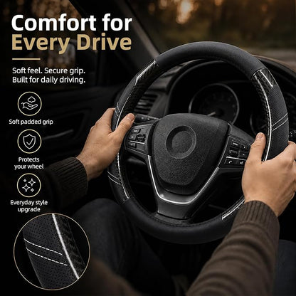 Elantrip Sport Leather Steering Wheel Cover 14 1/2 inch to 15 inch Universal, Padded Soft Grip Breathable for Car Truck SUV Jeep, Anti Slip Odorless Carbon Fiber Black