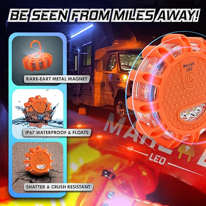 Marcala 3‑Pack LED Road Flares | DOT Compliant Emergency Lights for Vehicles with Batteries, Whistle & Case | Flares Emergency Road | Emergency Flares | Perfect For Gifting or Everyday Roadside Safety