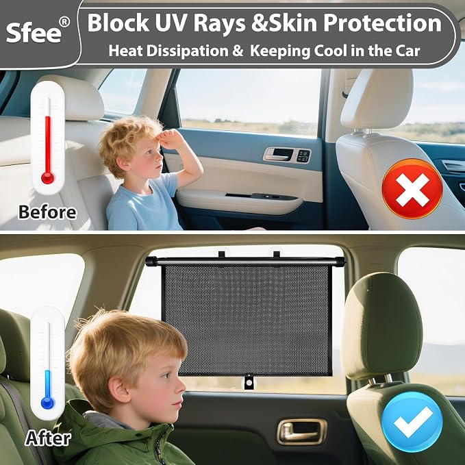 Sfee Car Window Shades for Baby-2 Pack Retractable Side Window Car Sun Shade Blocks UV Rays & Heat for Sun Protection Roller Sunshade Visor Window Shade for Kids,Passengers,Pets (20''x22'')
