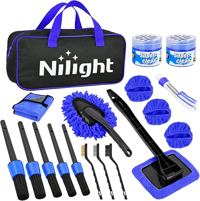 Nilight 15PCS Car Detailing Kit Auto Cleaning Tools Wash Set with Storage Carry Bag Beginners Easy to Use for Interior Exterior Car Care Clean Windshield Dashboard Seat Air Vents Wheels Tires, Blue