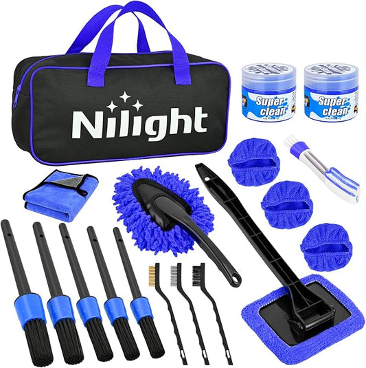 Nilight 15PCS Car Detailing Kit Auto Cleaning Tools Wash Set with Storage Carry Bag Beginners Easy to Use for Interior Exterior Car Care Clean Windshield Dashboard Seat Air Vents Wheels Tires, Blue