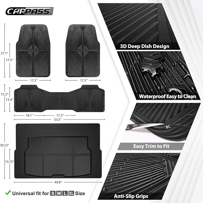 CAR PASS Rubber Floor Mats&Cargo Liner,Waterproof Trucks Mats Heavy Duty,All Weather Trim-to-Fit Automotive Mats for Cars Trucks SUV,Anti-Slip Easy Clean Durable,Full Set 5-Piece,3D Emboss All Black