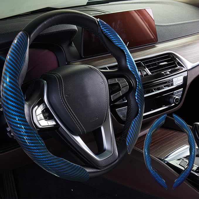 WOCOCN 2pcs Car Steering Wheel Cover,Anti-Skid Carbon Fiber Steering Wheel Protector for Men Women,Multiple Color Options,Universal for Most Car Interiors Accessories (Bright Bule)