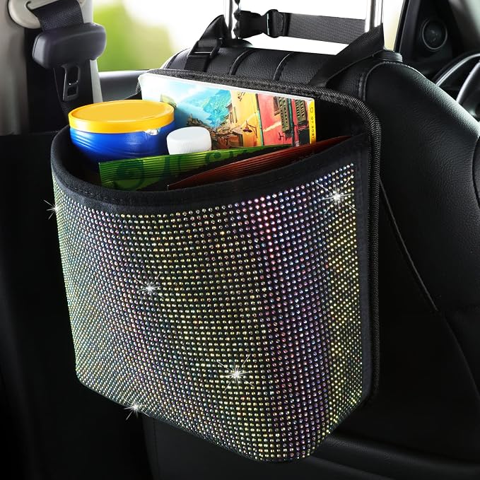 Cavalcade Car Back Seat Organizer, Bling Hanging Pocket, Large Seat Back Travel Caddy Bag, Diamond Trash Bin Garbage Container (Multicolor)