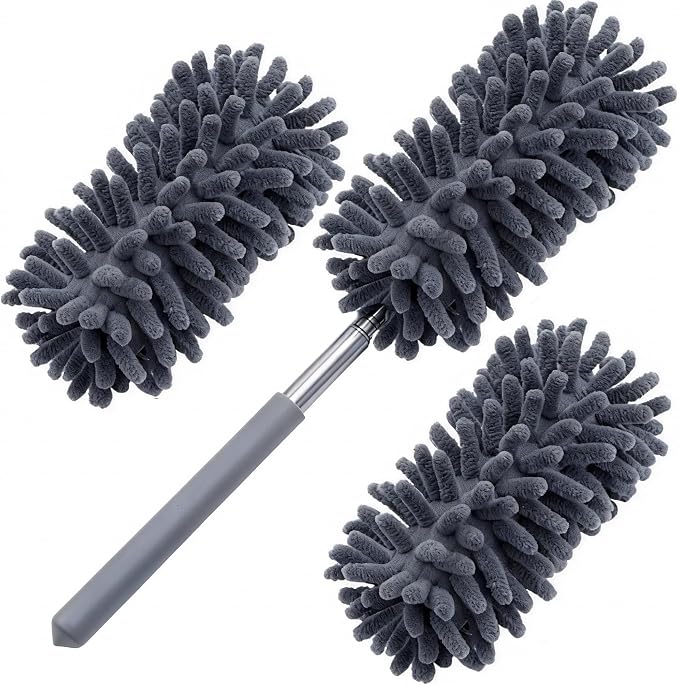 Microfiber Duster for Cleaning, GMLKRY Hand Washable Dusters with 3pcs Replaceable Microfiber Head, Extendable Pole, Detachable Cleaning Supplies for Office, Car, Window, Furniture (Gray)