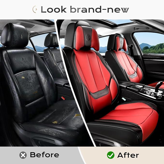 Coverado Seat Covers Full Set, 5 Seats Seat Covers for Cars, Waterproof Nappa Leather Car Seat Covers with Head Pillow, Seat Protectors Car Seat Cushion Universal Fit for Most Cars (Black&Red)