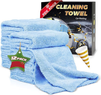 Car Wash Drying Towels, 450gsm Ultra-Thick Absorbent Lint-Free Extra Soft Microfiber Rags for Car Detailing, Interior & Exterior Cleaning Cloths, 16in x 16in - Coral Fleece, Blue, 12 Packs